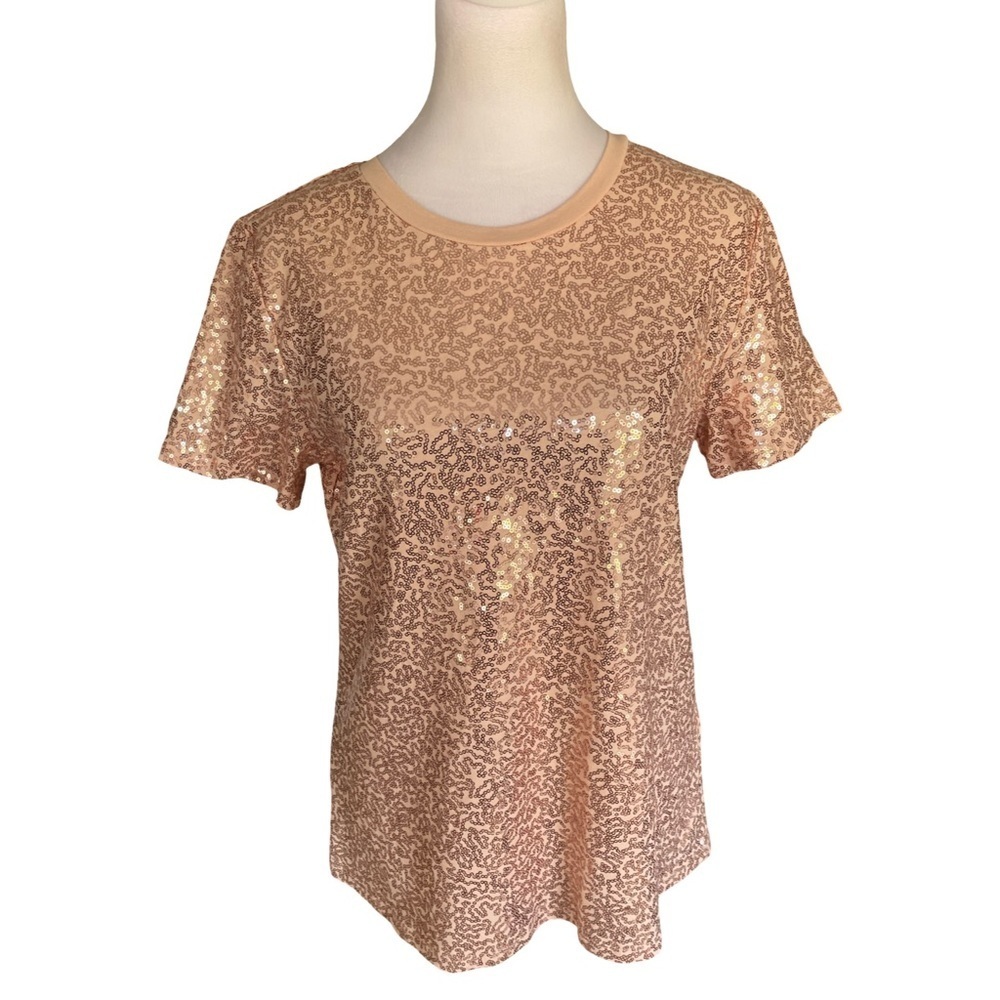 DKNY Sequin Rose Gold Short Sleeve Tee Womens Medium
